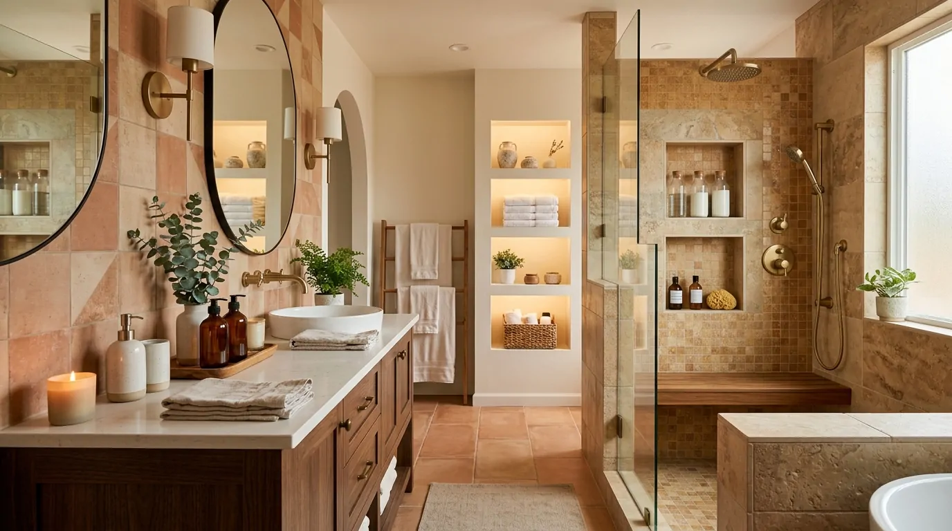 Baño moderno con nichos empotrados, lavabo doble y ducha a ras de suelo en azulejos cálidos