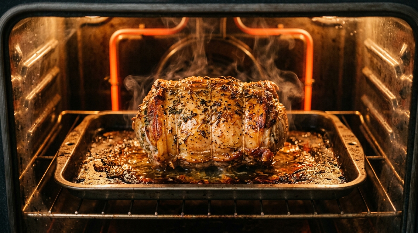 Asado de ternera relleno cocinándose y dorándose en un horno caliente con vapor escapando de él