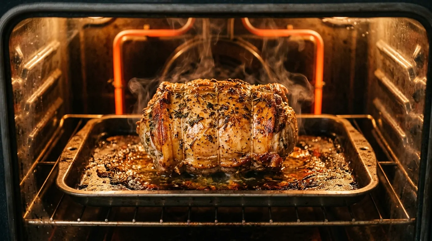 Arrosto di vitello ripieno che cuoce e si rosola in forno caldo con vapore che fuoriesce Arrosto di vitello ripieno che cuoce e si rosola in forno caldo con vapore che fuoriesce