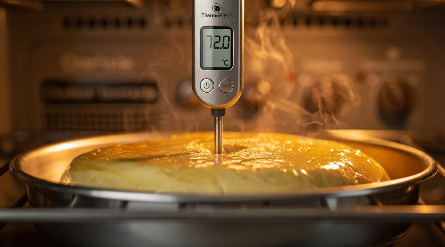 Sonde de thermomètre numérique plantée dans une terrine de foie gras dorée au four