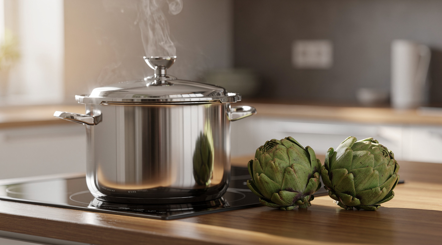 Olla a presión de acero inoxidable sobre una estufa con dos alcachofas frescas colocadas al lado