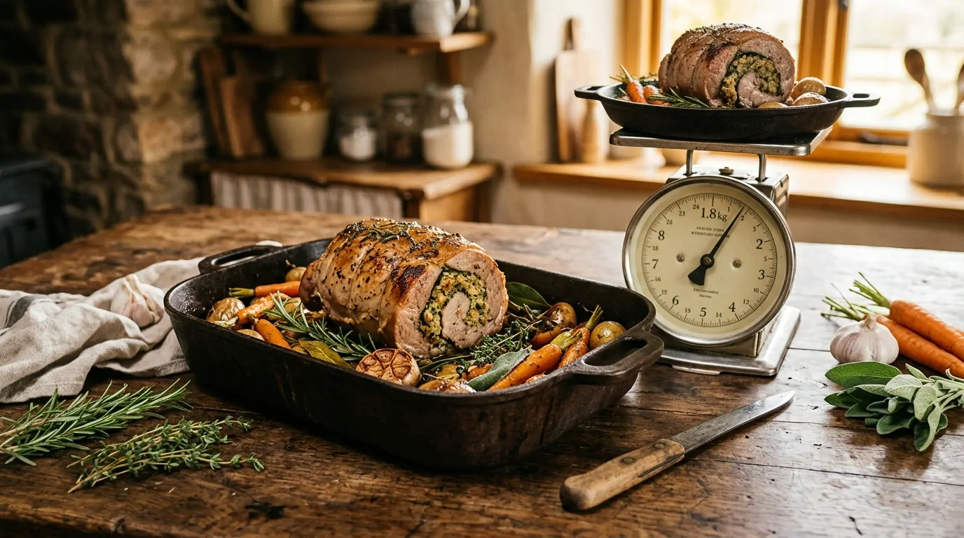 Arrosto di vitello ripieno cotto in una casseruola di ghisa con erbe aromatiche fresche e bilancia da cucina Arrosto di vitello ripieno cotto in una casseruola di ghisa con erbe aromatiche fresche e bilancia da cucina