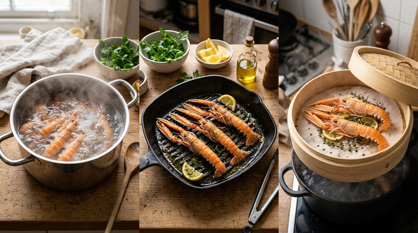 Tres métodos para cocinar langostinos, uno al lado del otro: agua hirviendo, a la parrilla y al vapor