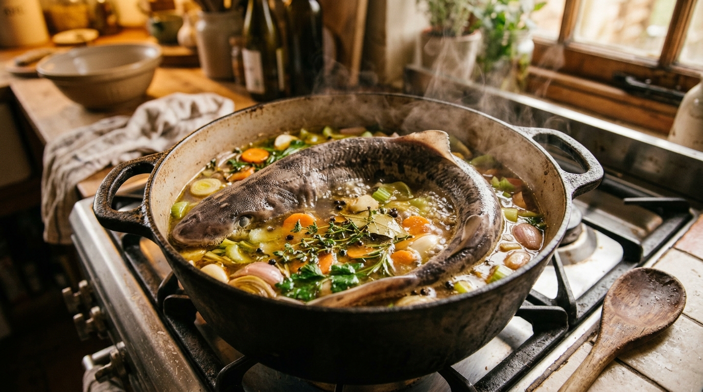 Cazón entero cociéndose a fuego lento en una olla grande con un caldo aromático humeante