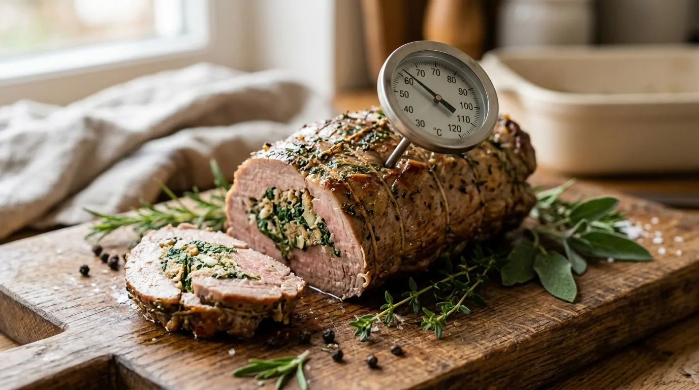 Se introduce un termómetro de carne de acero inoxidable en un asado de ternera cocido, relleno y jugoso, colocado sobre una tabla de madera