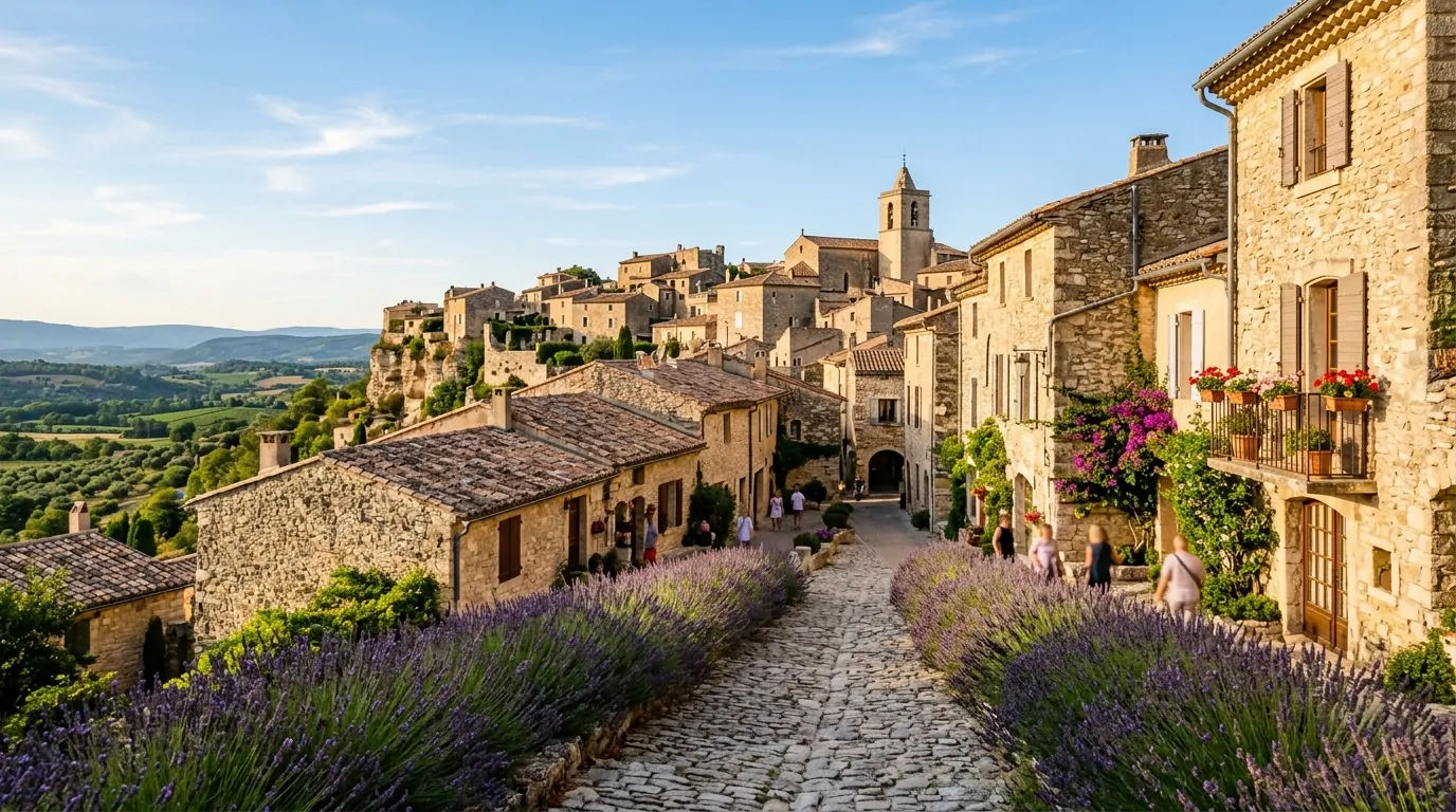 Village médiéval perché en Provence avec toits en tuiles et ruelles pavées de lavande