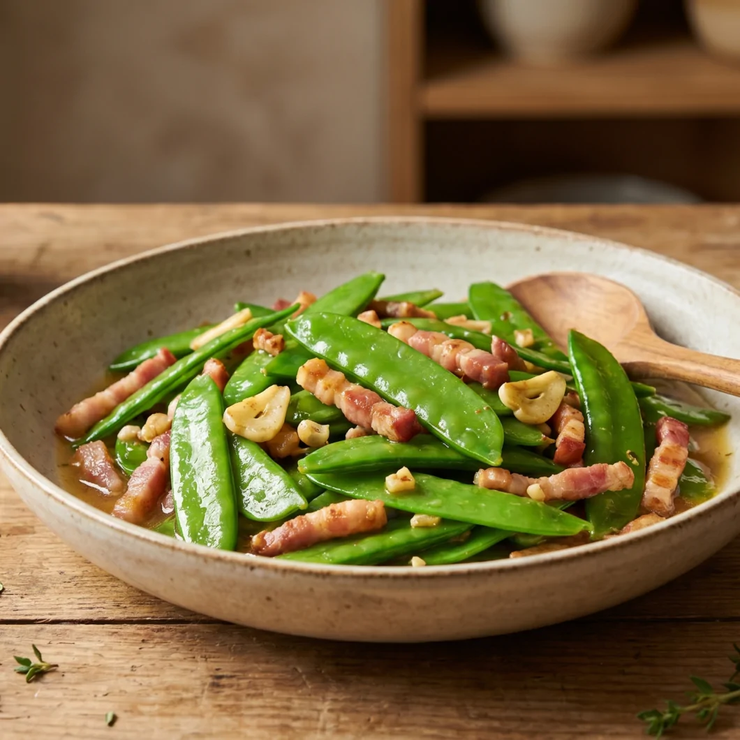 Pois gourmands mangetout aux lardons fumés Pois gourmands mangetout aux lardons fumés
