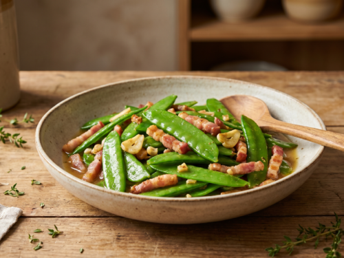 recette de pois gourmands mangetout aux lardons fumés