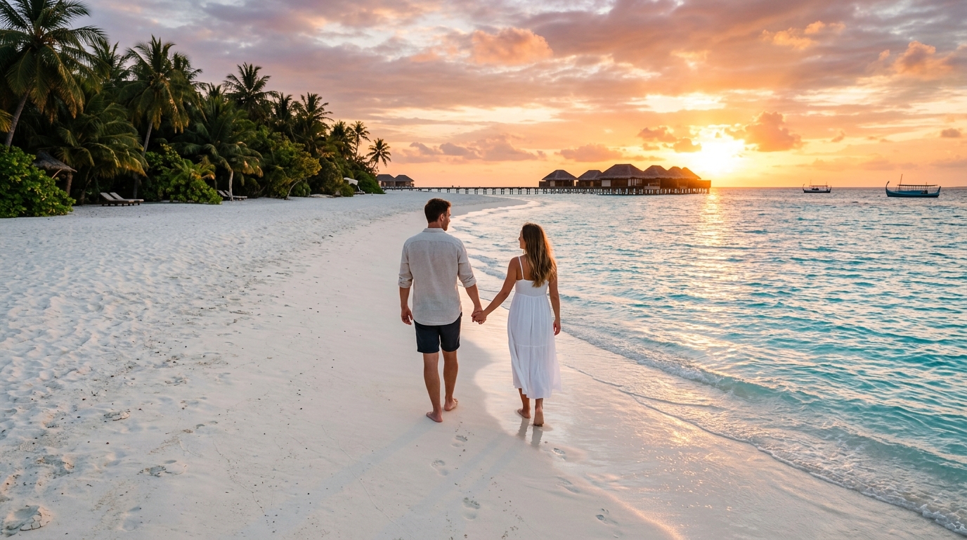 Couple main dans la main sur plage de sable blanc aux Maldives au coucher du soleil