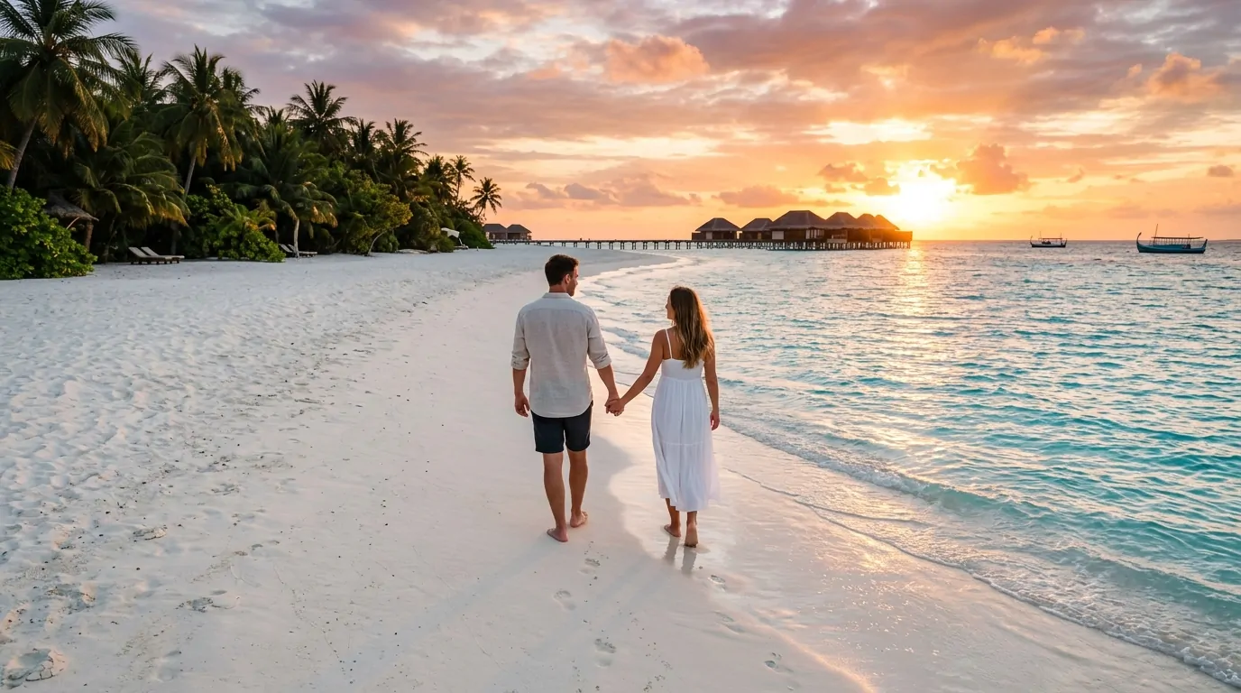 Couple main dans la main sur plage de sable blanc aux Maldives au coucher du soleil