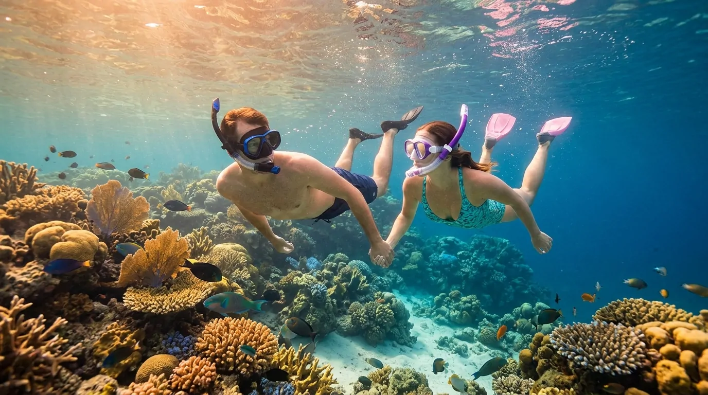 Couple se tenant la main en plongeant avec un tuba dans un lagon tropical aux coraux colorés Couple se tenant la main en plongeant avec un tuba dans un lagon tropical aux coraux colorés