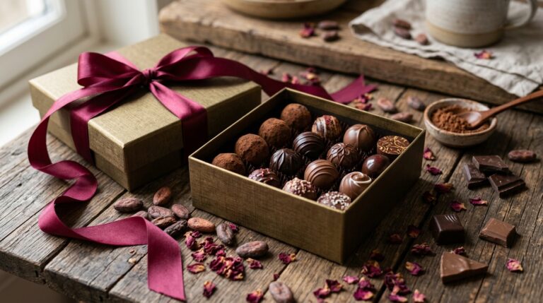 Cadeau gourmand : miser sur le chocolat fait main Assortiment de chocolats artisanaux et truffes dans un coffret doré avec ruban de soie