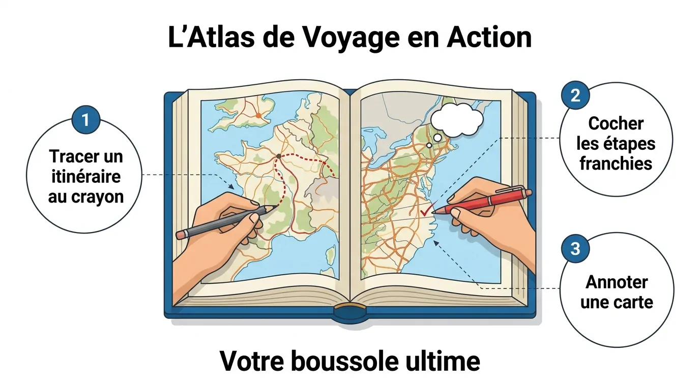 Atlas de voyage avec annotations et itinéraires