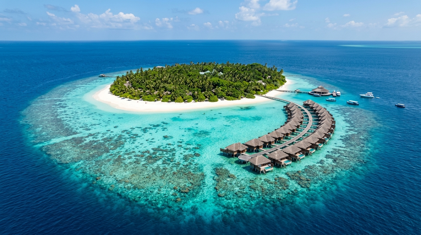 Petite île tropicale des Maldives vue du ciel entourée d'eau turquoise avec villas sur pilotis