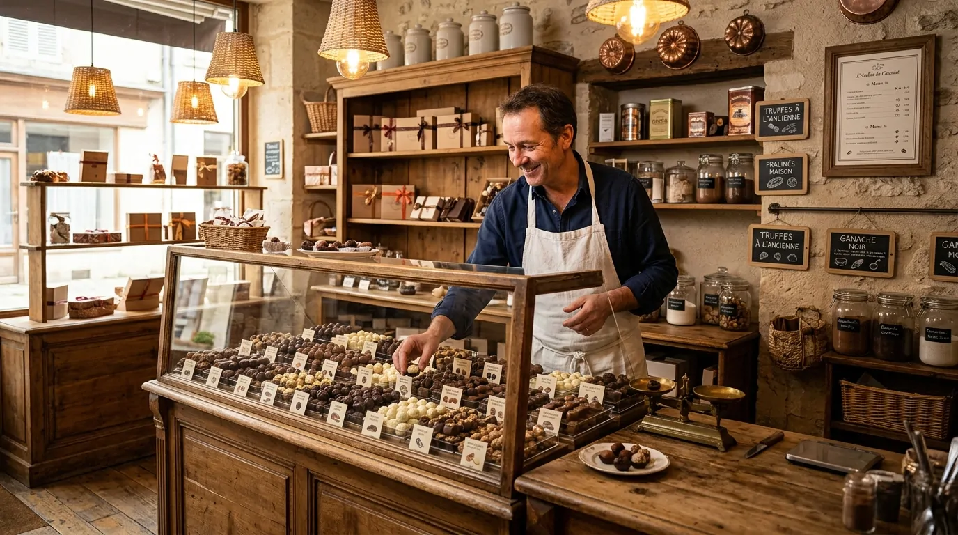 Chocolatier artisan en tablier blanc derrière un présentoir de truffes colorées faites main Chocolatier artisan en tablier blanc derrière un présentoir de truffes colorées faites main