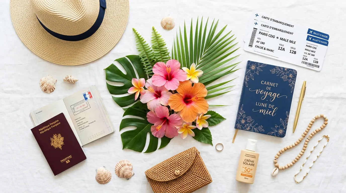Passeport carnet de voyage fleurs tropicales chapeau de paille et billets d'avion pour 2 sur fond blanc Passeport carnet de voyage de couple avec fleurs tropicales chapeau de paille et billets d'avion sur fond blanc