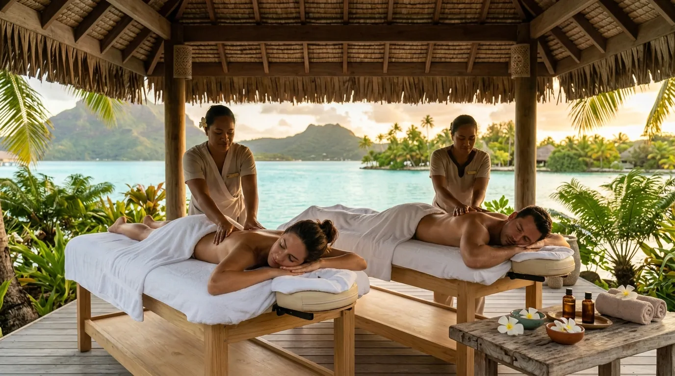 Couple profitant d'un spa en duo romantique sur une île polynésienne Couple profitant d'un spa en duo romantique sur une île polynésienne