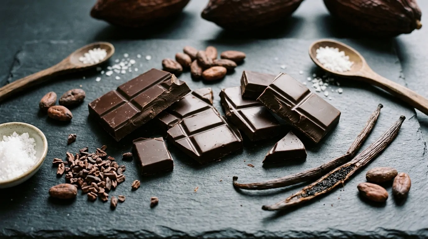 Morceaux de chocolat artisanal noir brillant avec fèves de cacao et gousses de vanille Morceaux de chocolat artisanal noir brillant avec fèves de cacao et gousses de vanille
