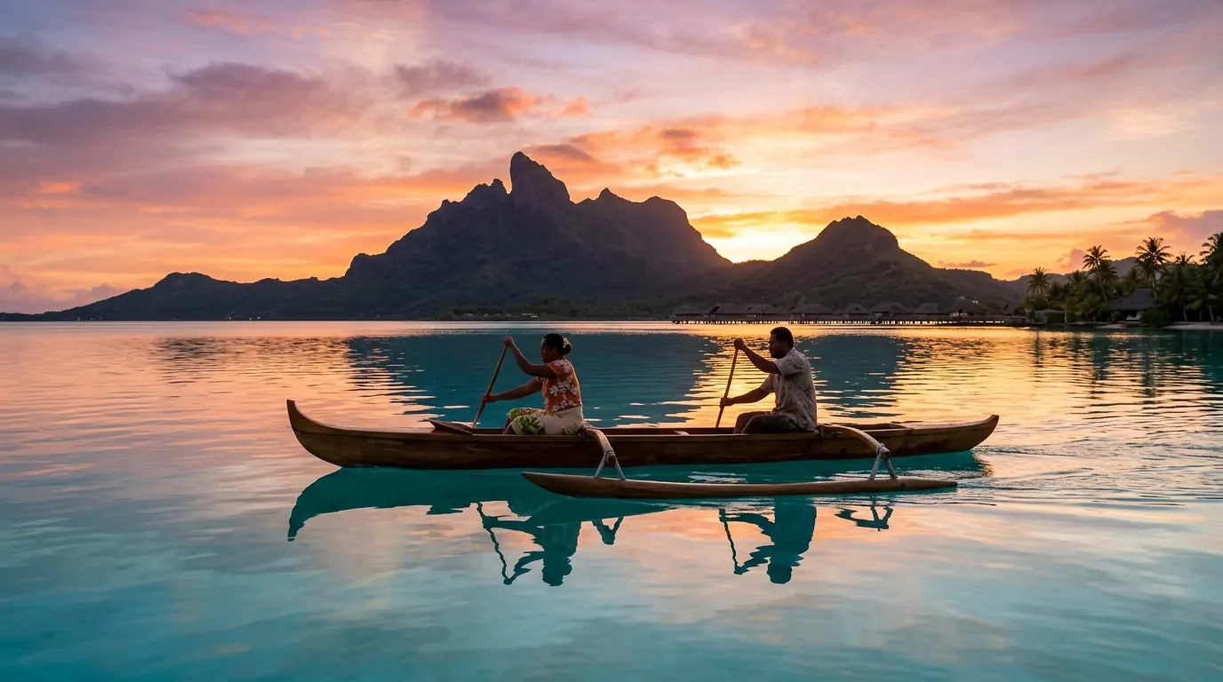 Pirogue traditionnelle sur un lagon calme Excursion en pirogue sur un lagon polynésien