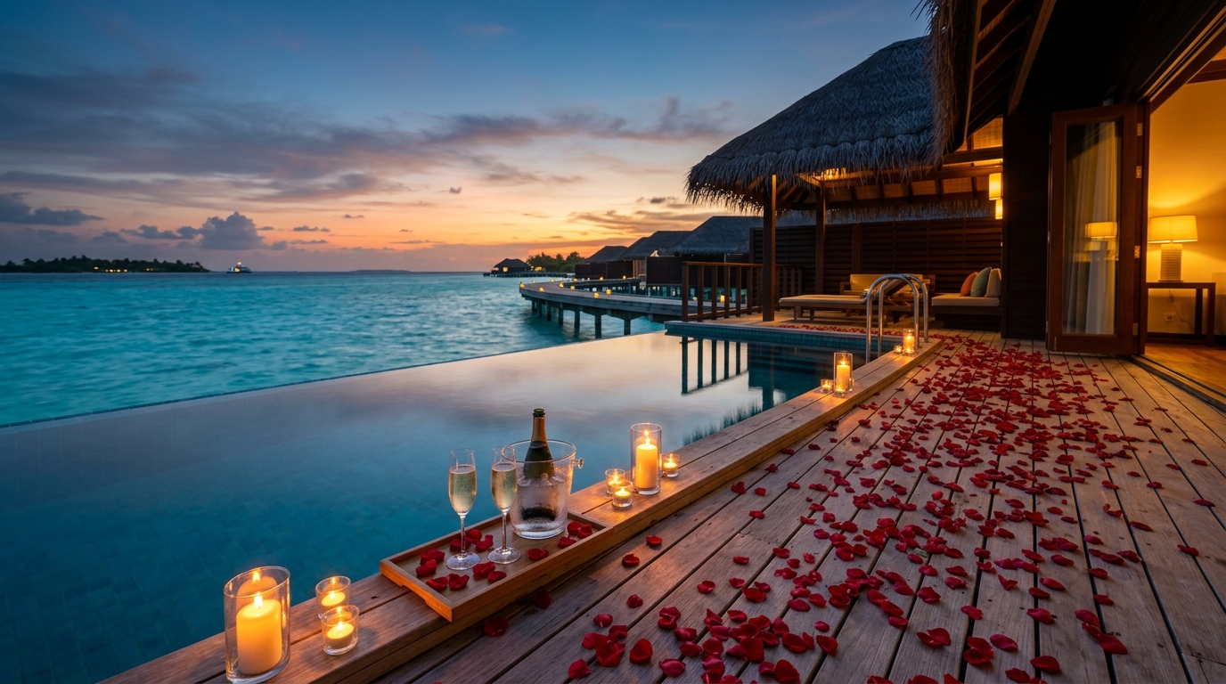 Bungalow sur pilotis aux Maldives avec piscine à débordement et pétales de roses au coucher du soleil