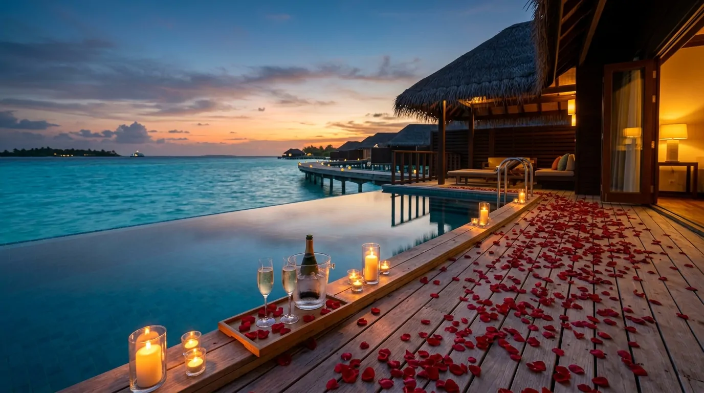 Bungalow sur pilotis aux Maldives avec piscine à débordement et pétales de roses au coucher du soleil