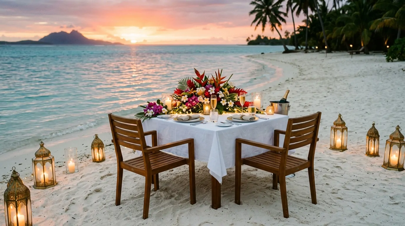 Dîner aux chandelles en tête-à-tête sur une plage de sable blanc en Polynésie au coucher du soleil Dîner aux chandelles en tête-à-tête sur une plage de sable blanc en Polynésie au coucher du soleil