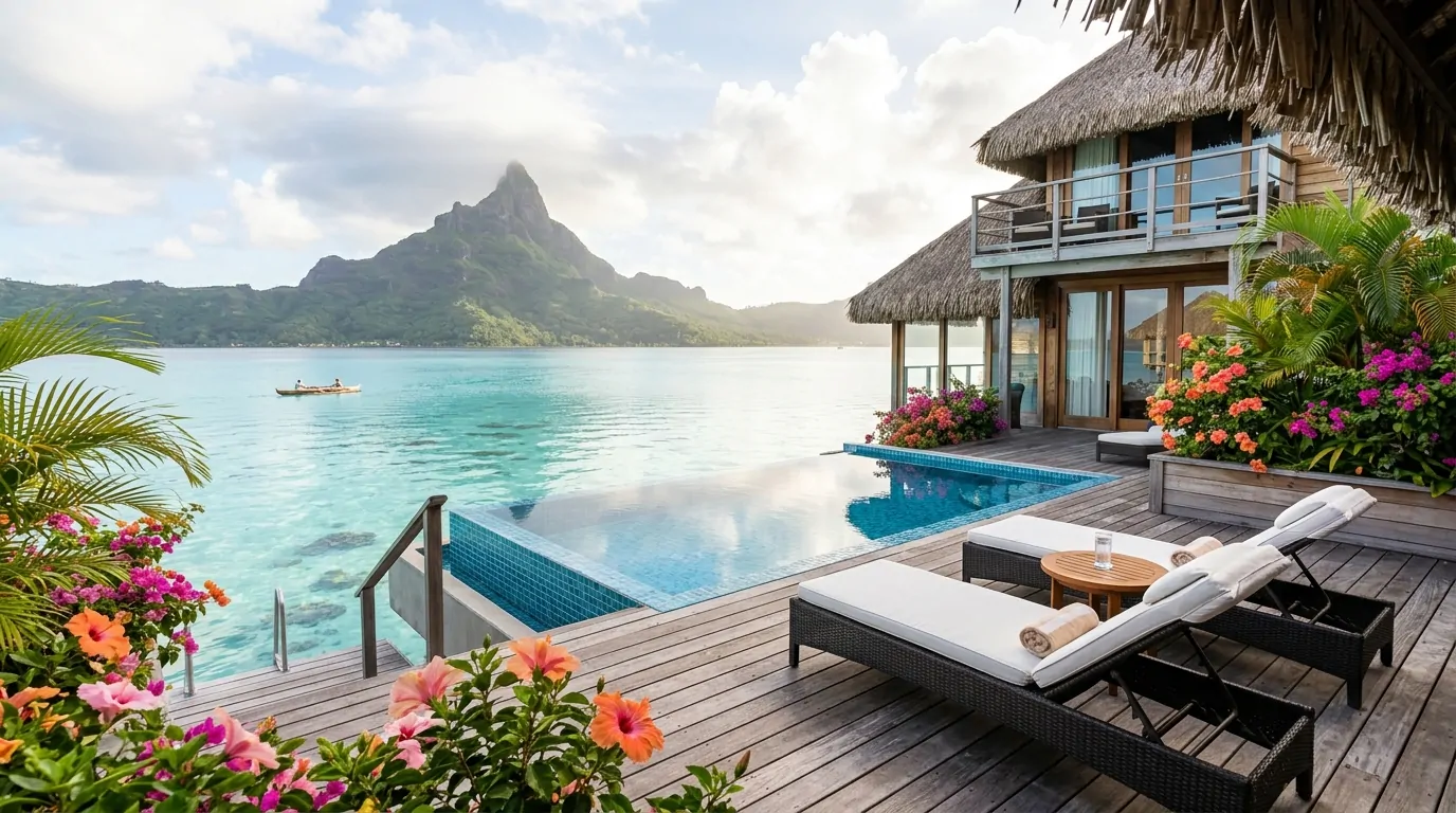 Villa sur pilotis à Bora Bora avec piscine à débordement et vue sur le lagon turquoise Villa sur pilotis à Bora Bora avec piscine à débordement et vue sur le lagon turquoise