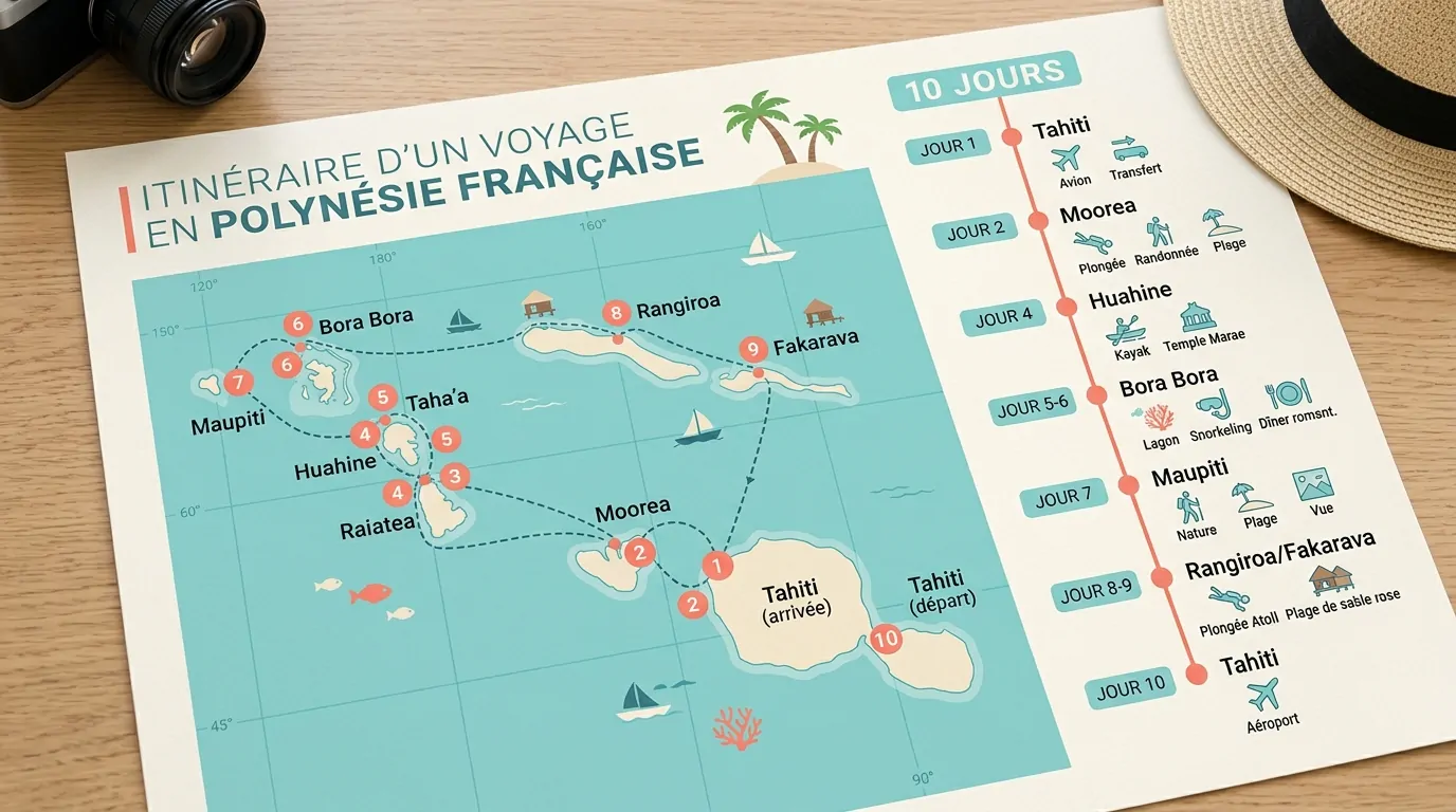 Carte infographique d'itinéraire en Polynésie française avec étapes numérotées et icônes d'activités Carte infographique d'itinéraire en Polynésie française avec étapes numérotées et icônes d'activités