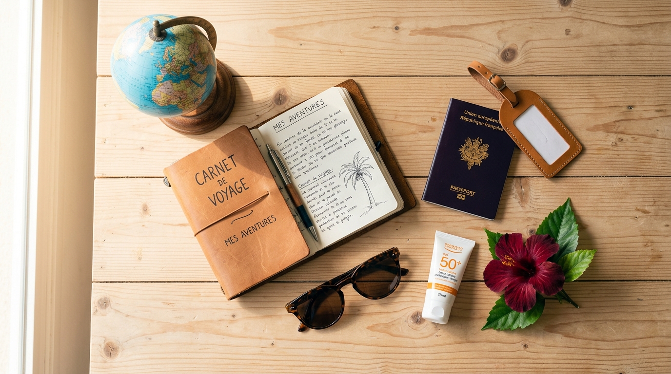Globe, journal de voyage, lunettes, passeport et crème solaire pour les Maldives