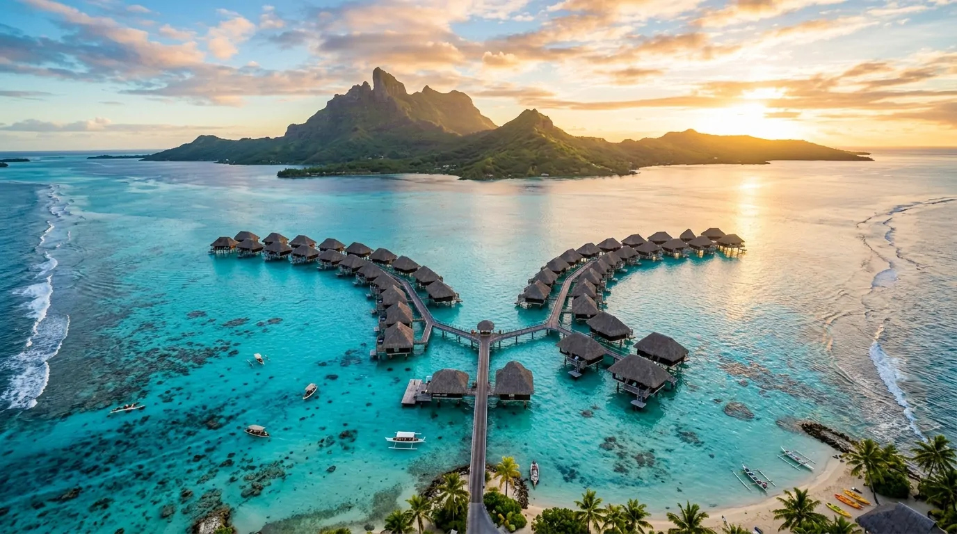Vue aérienne d'un lagon turquoise en Polynésie française avec bungalows sur pilotis au coucher du soleil Vue aérienne d'un lagon turquoise en Polynésie française avec bungalows sur pilotis au coucher du soleil