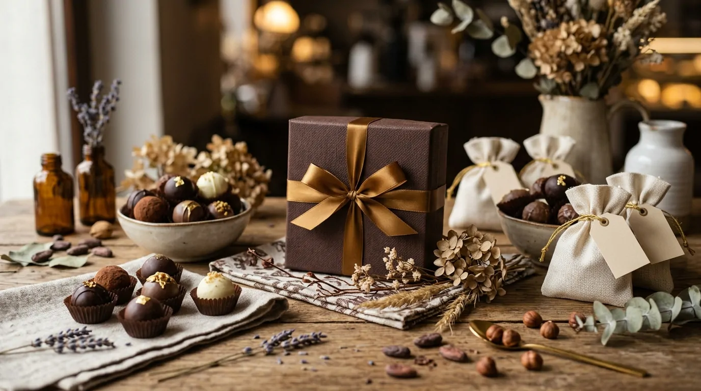 Assortiment de chocolats artisanaux avec boîte à ruban, truffes et pochettes élégantes sur table en bois Assortiment de chocolats artisanaux avec boîte à ruban, truffes et pochettes élégantes sur table en bois