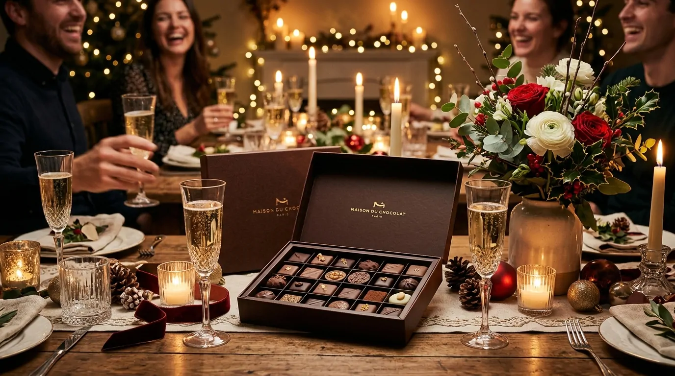 Boîte de chocolats de luxe ouverte sur une table de fête avec champagne et bougies Boîte de chocolats de luxe ouverte sur une table de fête avec champagne et bougies