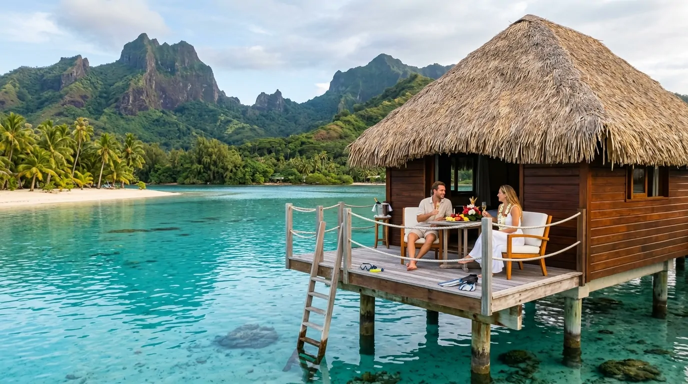 Couple profitant d'un paysage idyllique de Moorea en Polynésie française voyage de noce dans un paysage idyllique de Moorea en Polynésie française