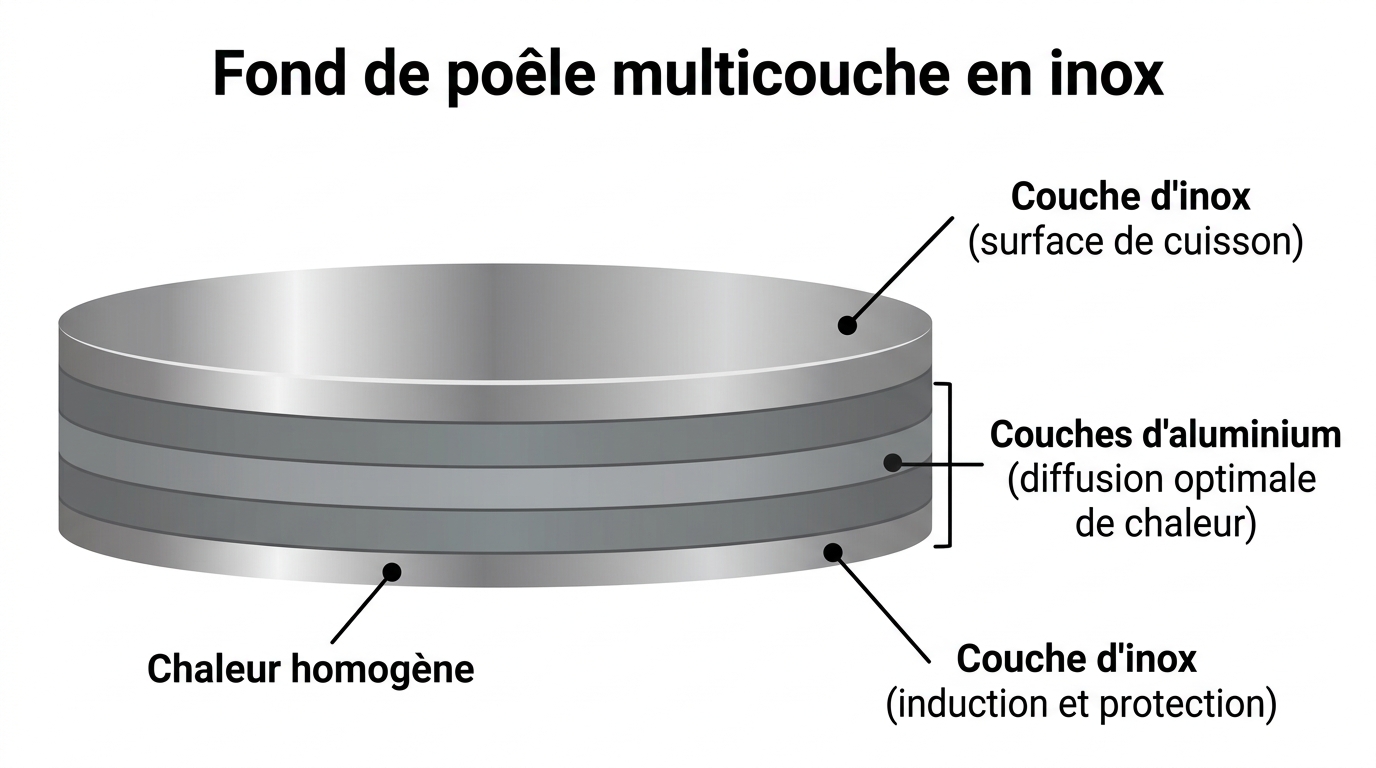 Modèle de poêle en inox avec fond multicouche Poêle en inox avec fond multicouche pour chaleur homogène