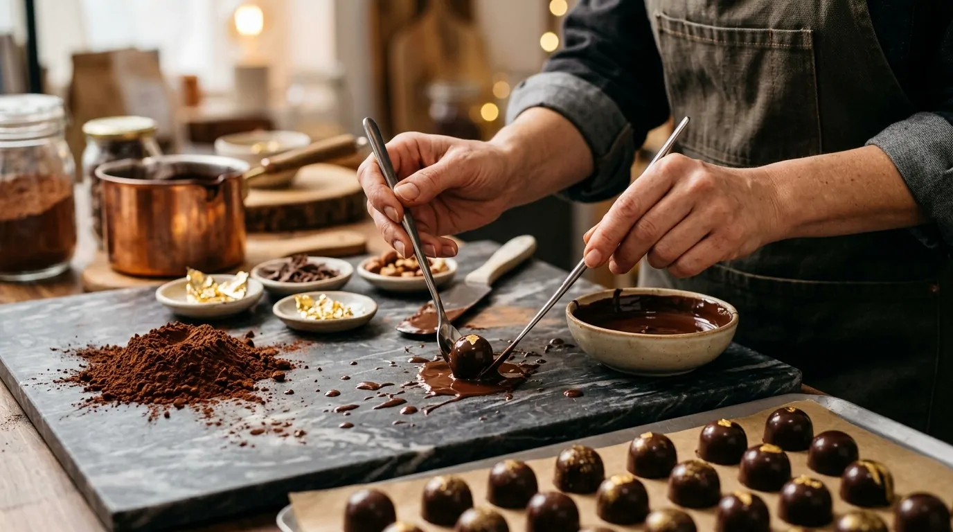Chocolatier façonnant des bonbons au chocolat noir sur marbre avec cacao en poudre Chocolatier façonnant des bonbons au chocolat noir sur marbre avec cacao en poudre