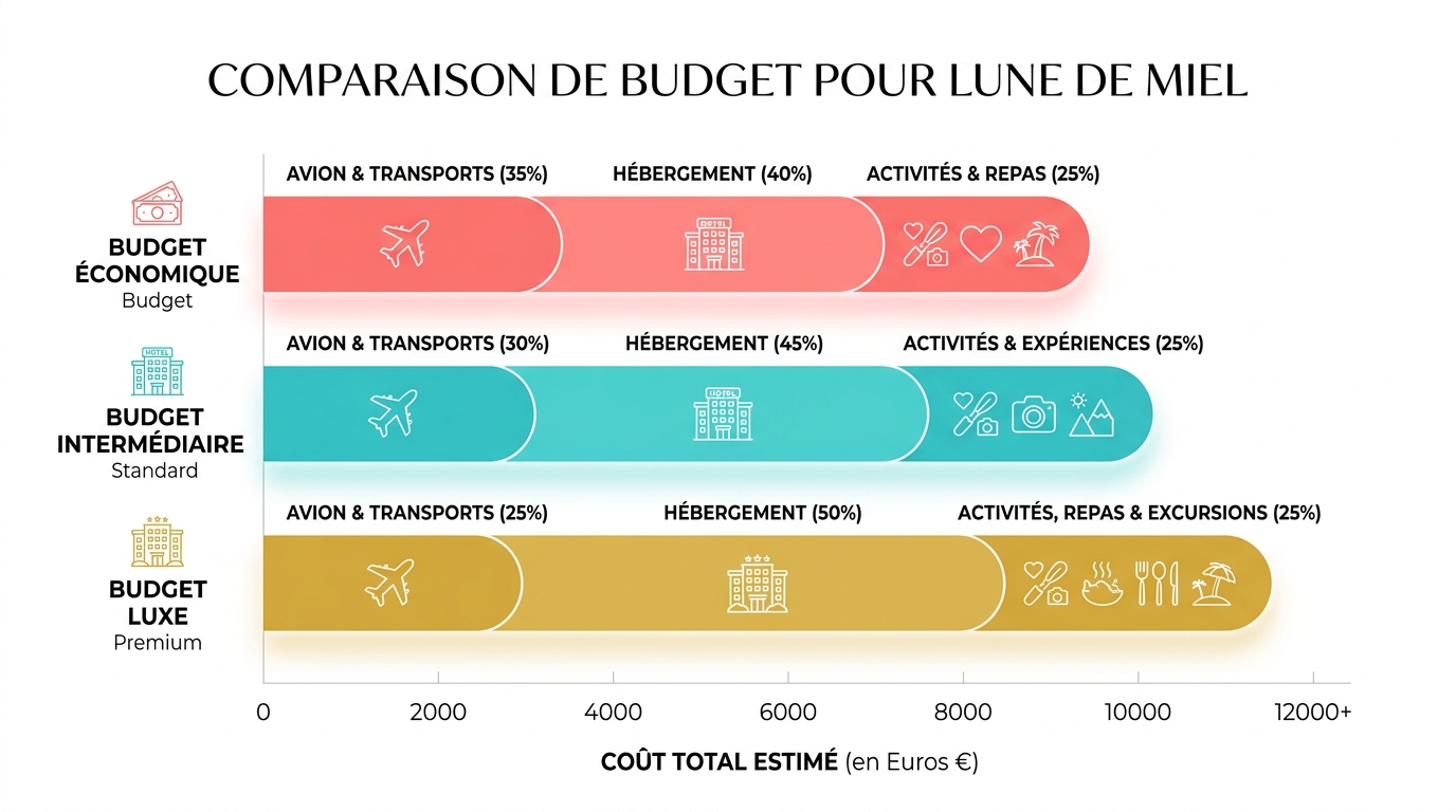 Infographie comparant trois budgets de voyage de noces avec graphique à barres horizontales