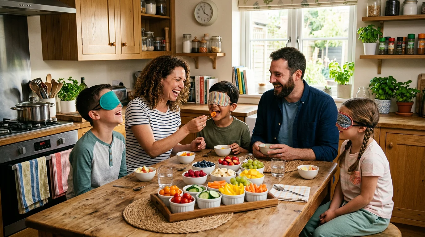 Famille avec enfants faisant une dégustation à l'aveugle autour de la table