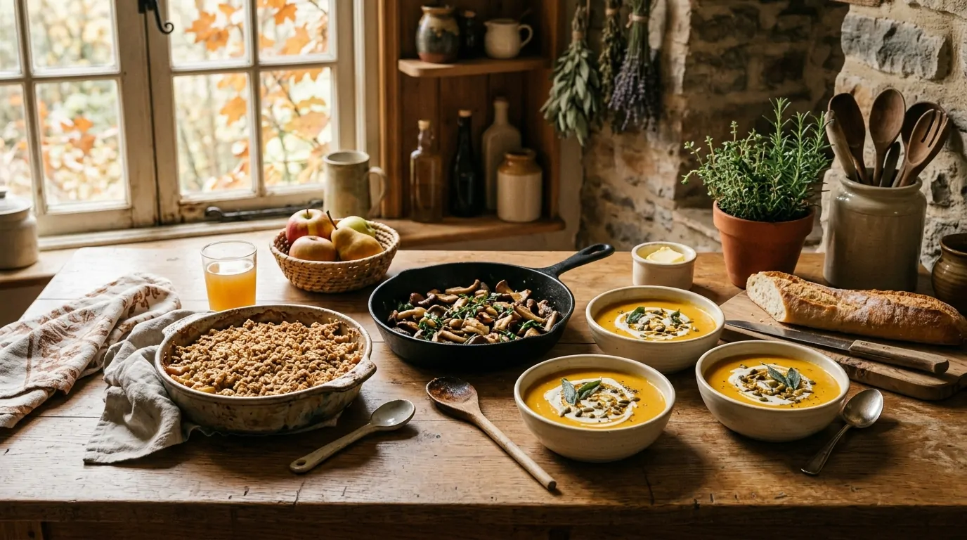 Recettes de saison automne crumble pommes poires poêlée champignons velouté courge