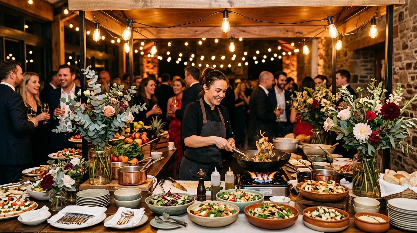 A chef preparing a dish live on a buffet decorated with flowers and fairy lights A chef preparing a dish live on a buffet decorated with flowers and fairy lights