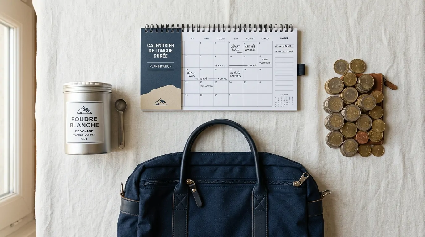 Calendario di lunga durata, borsa da viaggio, scatola di latte in polvere e monete Calendario di lunga durata, borsa da viaggio, scatola di latte in polvere e monete