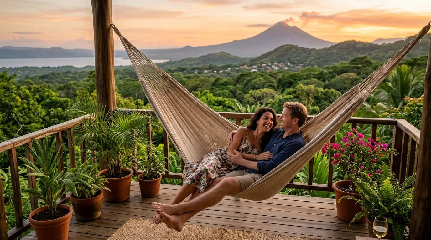 Una coppia di espatriati sorridenti su un'amaca, con un vulcano nicaraguense di fronte al tramonto Una coppia di espatriati sorridenti su un'amaca, con un vulcano nicaraguense di fronte al tramonto