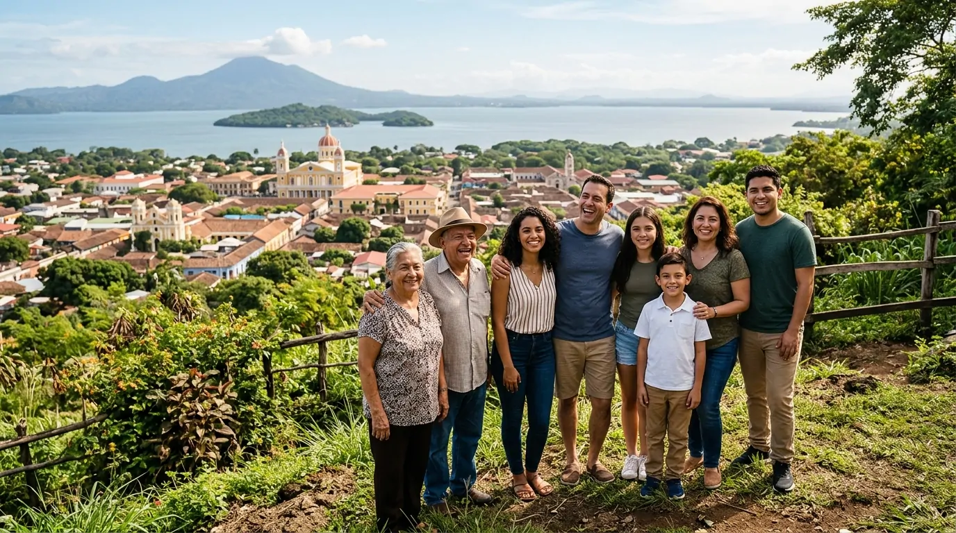 Un gruppo di persone sorridenti si è riunito su una collina in Nicaragua che domina una città coloniale e un lago Un gruppo di persone sorridenti si è riunito su una collina in Nicaragua che domina una città coloniale e un lago