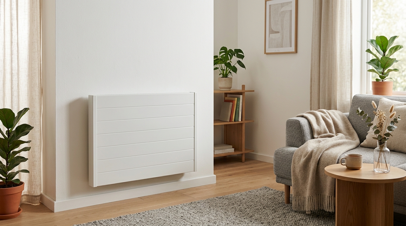 Radiateur électrique moderne fixé au mur blanc dans un salon contemporain minimaliste Radiateur électrique moderne fixé au mur blanc dans un salon contemporain minimaliste