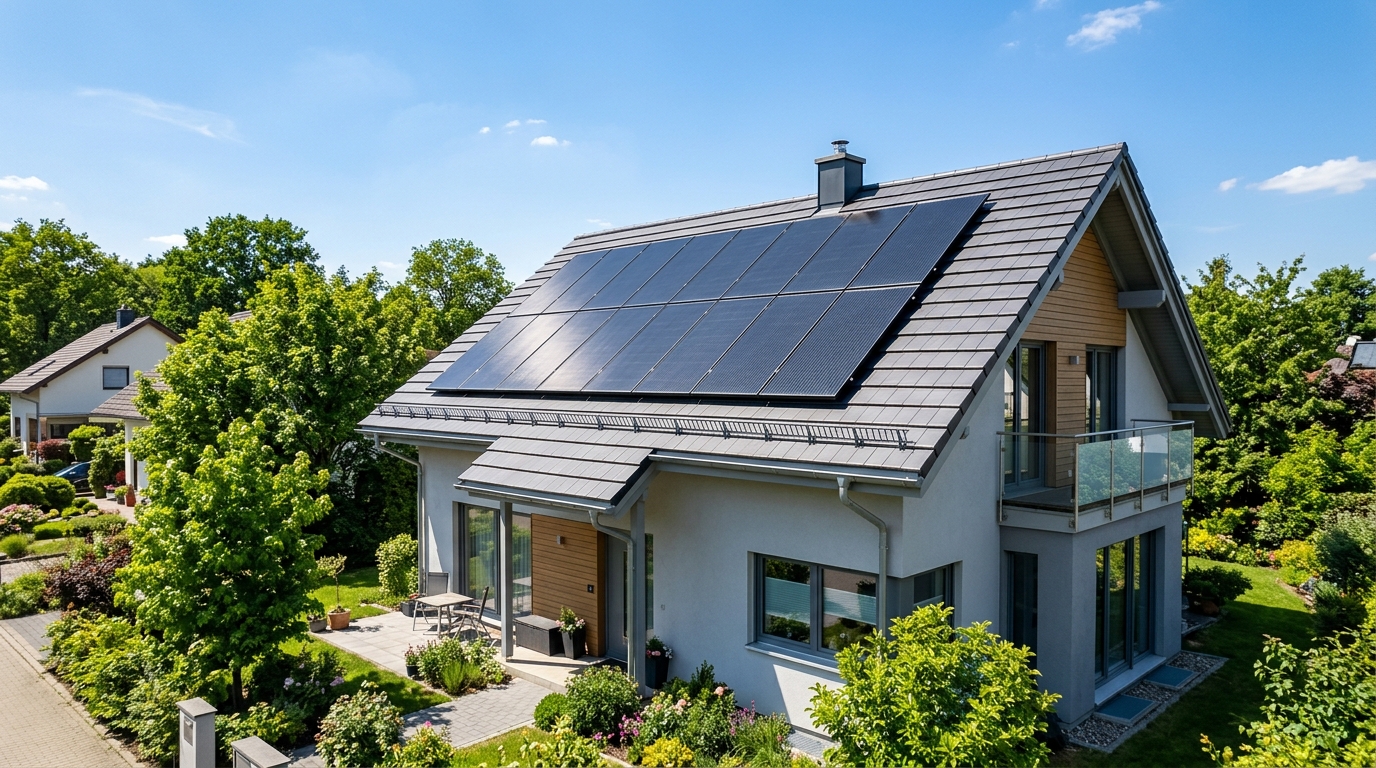 Panneaux solaires thermiques installés sur un toit incliné de maison sous un ciel ensoleillé Panneaux solaires thermiques installés sur un toit incliné de maison sous un ciel ensoleillé