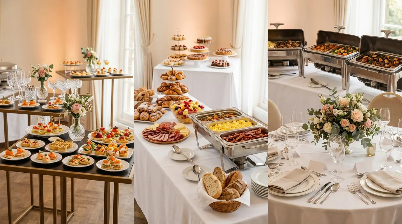 Elegant catering presentation with several buffet styles on white tablecloths under soft lighting Elegant catering presentation with several buffet styles on white tablecloths under soft lighting