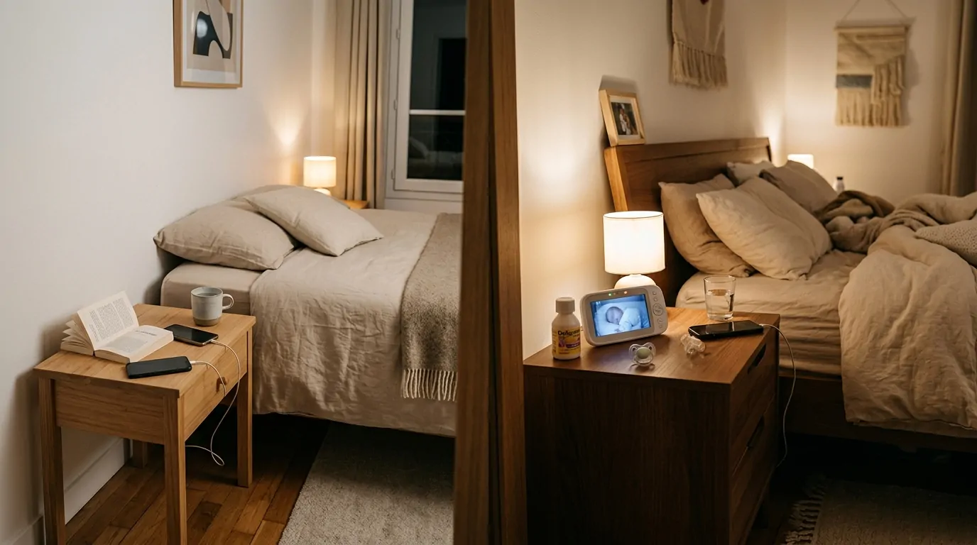Deux tables de chevet côte à côte, l'une minimaliste avec livre et téléphone, l'autre avec babyphone et médicaments Deux tables de chevet côte à côte