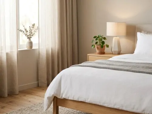 Table de chevet minimaliste en bois beside un lit blanc dans une chambre scandinave