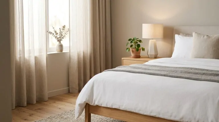 Comment choisir une table de chevet adaptée ? Table de chevet minimaliste en bois beside un lit blanc dans une chambre scandinave