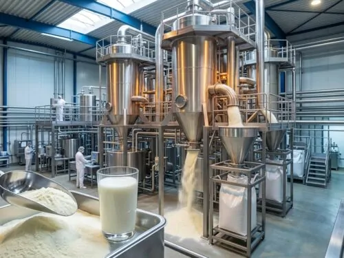 Lait en poudre dans une cuillère métallique devant des tours de séchage industrielles