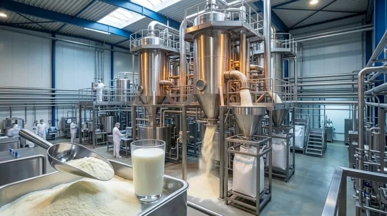 Come si produce il latte in polvere e quali sono i suoi vantaggi? Latte in polvere in un cucchiaio di metallo davanti alle torri di essiccazione industriali